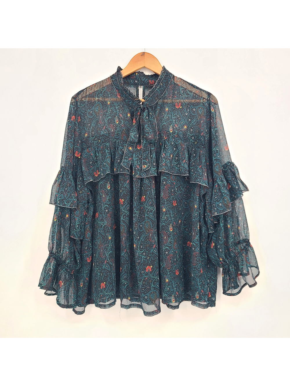 Lucky Brand Dark Teal Paisley Tiered Sleeve Peasant Blouse Ruffle Boho Size 3X